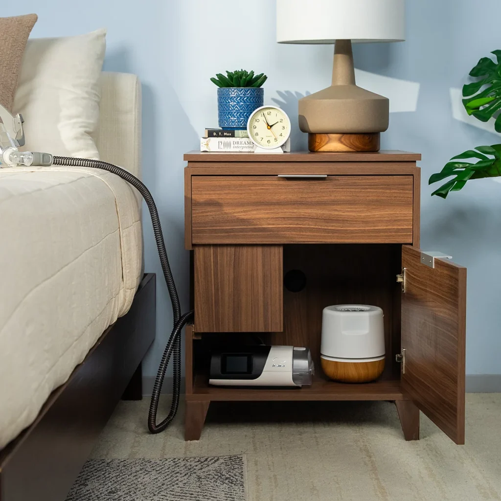 CPAP Soho Nightstand in walnut with door open