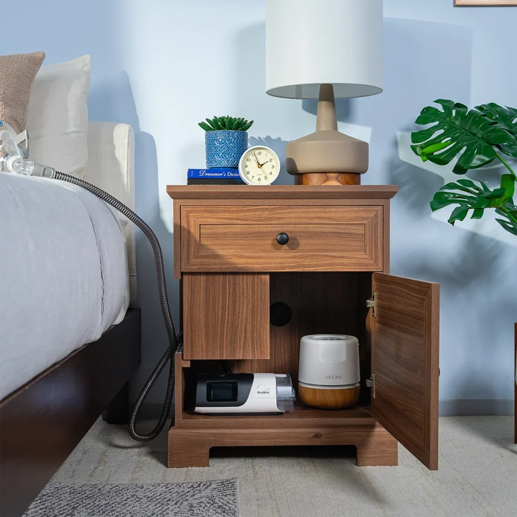 CPAP Charleston Nightstand in walnut finish with door open