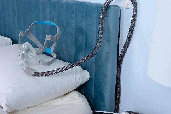 CPAP hose holder mounted to a wall and holding CPAP tubing between the machine and bed