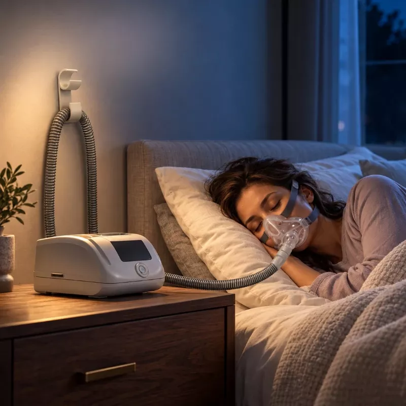 Person using SoClean CPAP Hose Holder while sleeping